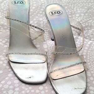 Silver Heels With Clear Rhinestone Straps and Clear Heels S.R.O.  Slip-on Heels